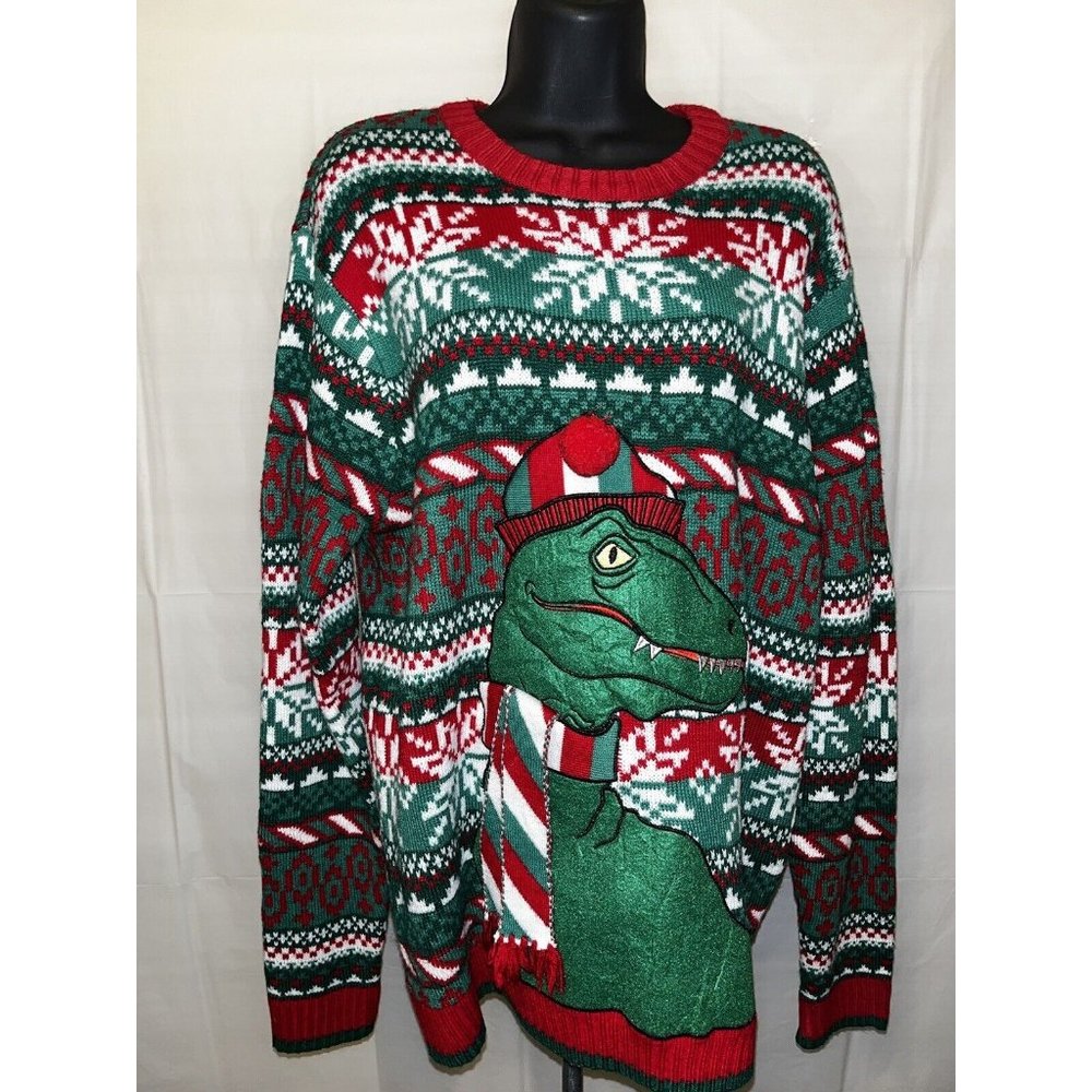 Ugly Christmas Sweater T Rex Women’s Large Red Green 33 Degrees Scarf Hat